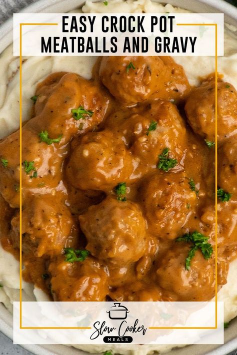 Meatballs and gravy over mashed potatoes. Easy Crockpot Meatballs, Juicy Meatballs, Meatballs And Gravy, Slow Cooker Casserole, Slow Cooker Meals, Crock Pot Meatballs, Slow Cooker Meatballs, Homemade Gravy, Homemade Meatballs