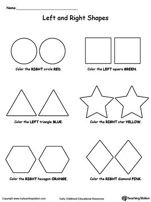 **FREE** Left And Right Shapes Worksheet.Help your child practice recognizing left from right with "Left And Right Shapes" printable worksheet. Your child will color the shape either on the left or on the right based on the instructions. Planets Preschool, Patterning Kindergarten, Shapes Printable, Shapes Worksheet Kindergarten, Wristband Template, Shape Coloring Pages, Shapes Kindergarten, Teach Preschool, Kids Worksheets Preschool