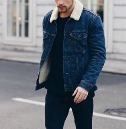 Sherpa Collar Denim Jacket Outfit, Wool Jean Jacket Outfit, Blue Sherpa Jacket Outfit, Fur Jean Jacket Outfit, Denim Fur Jacket Outfit, Fur Denim Jacket Outfits, Sherpa Jacket Outfit Men, Levis Jacket Outfit, Brown Jacket Outfit Men