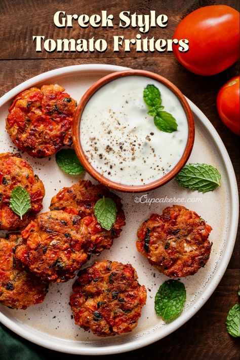 Tomato Fritters Santorini, Greek Tomato Fritters, Tomato Fritters, Greek Style Food, Potato Fritters Recipe, Eggless Recipes, Bbc Food, Low Fat Recipes, Mediterranean Diet Recipes