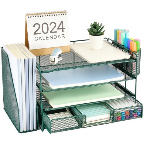 PRICES MAY VARY. 📂【Save Space】: The office organizer fully utilizes the vertical space of the desktop, creates the largest possible storage space, accommodates various office desk accessories, and saves space. 📂【Improve Work Efficiency】��：The file organizer includes 4 trays, a magazine rack, 2 pen holders and a sliding drawer, helps you quickly identify the contents of each compartment, doubles your work speed, keeps you busy and more creative throughout the day. 📂【High Quality Material】: The f