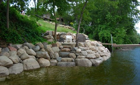 rip rap minneapolis Riprap Landscape Design, Rip Rap Retaining Wall, Rip Rap Shoreline, Rip Rap Landscaping, Lake Shore Landscaping Ideas, Kolam Air, Lake Front House Plans, Lake Landscaping, Minnesota Landscaping