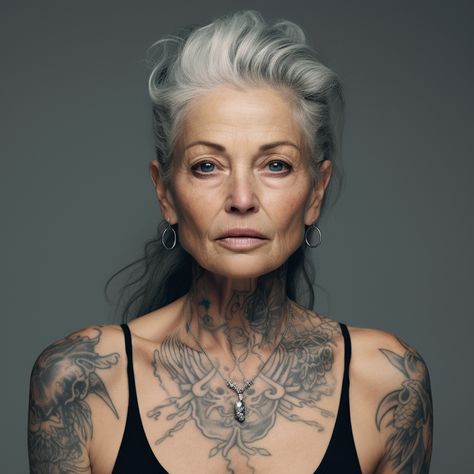 Older Goth Women, Goth Symbols, Older Women With Tattoos, Tattoo Grandma, Tattoos Meaningful, Silver Haired Beauties, Women Tattoos, Tattoed Women, Beautiful Gray Hair