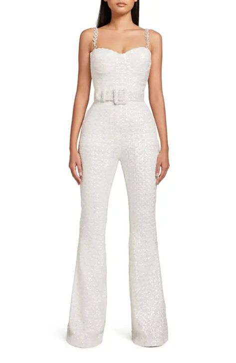 Shop NADINE MERABI Online | Nordstrom White Disco Outfit Bachelorette, White 70s Jumpsuit, Sparkly Bride Bachelorette Outfit, Bridal Nashville Outfits, Disco Bride Outfit, Romper Wedding Dress, Bridal Loft, Disco Video, White Bachelorette Party Outfit