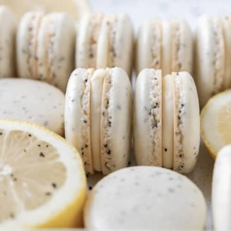 Lemon Poppy Seed Macarons - Kitchen 335 French Macarons Recipe, Lemon Curd Filling, Lemon Poppy Seed, Macaroon Recipes, Lemon Poppy, Macaron Recipe, Lemon Poppyseed, Cream Puffs, Poppy Seed