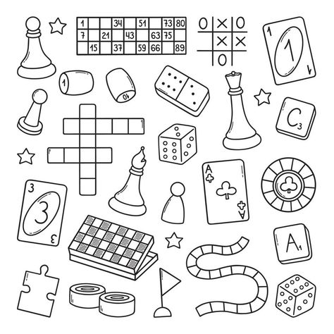 Board Game Doodle, Gaming Doodle Art, Board Game Tattoo Ideas, Game Drawing Ideas, Board Game Tattoo, Board Game Drawing, Crafting Illustration, Game Doodle, Game Symbols