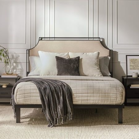 Invite rest and relaxation into your home with the Walker Edison Traditional Metal Upholstered Queen Bedframe. The soft curves and fire-resistant, woven upholstery of the headboard look perfect in modern and traditional homes alike. The sturdy steel construction and center legs mean you can sleep securely, while included support slats mean you dont have to worry about a bulky box spring. The low profile looks perfect in first apartments and forever homes alike. A removable headboard lets you cus Queen Bedframe, Cozy Setup, Youth Bedroom, Queen Platform Bed, Walker Edison, Solid Hardwood Floors, Perfect Marriage, Wood Beds, Platform Bed Frame