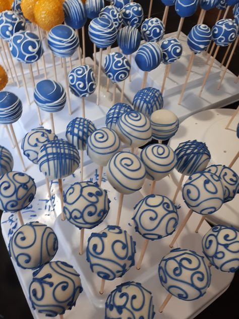 Blue And White Petit Fours, Blue And White Wedding Dessert Table, Mama Mia Cake Pops, Blue Cake Pop Ideas, Light Blue Cake Pops, Blue And White Dessert Table, Blue And White Cookies, Blue And White Cake Pops, Blue Dessert Table