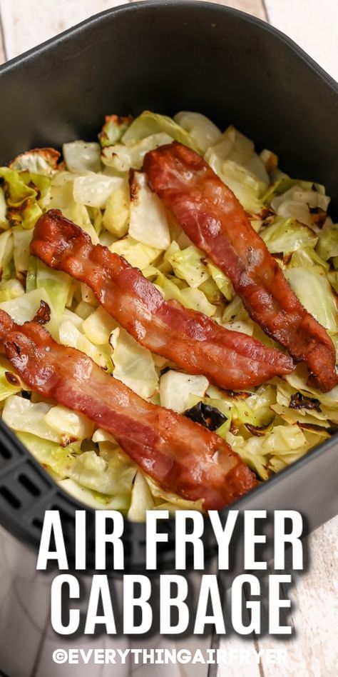 Air Fryer Cabbage is made with savory crispy slices of bacon for the best flavor ever. Substitute sausage or even slices of corn beef for St. Patricks Day! It's easy to make fried cabbage into an entree, just add some potatoes and kielbasa, and a delicious dinner is served. The air fryer makes everything taste great! #airfryercabbage #everythingairfryer #recipes #airfryercabbageandbacon Potatoes And Kielbasa, Air Fryer Cabbage, Fryer Cabbage, Bacon And Cabbage, New Air Fryer Recipes, Air Fryer Recipes Snacks, Corn Beef, Air Fryer Cooking Times, Cooks Air Fryer