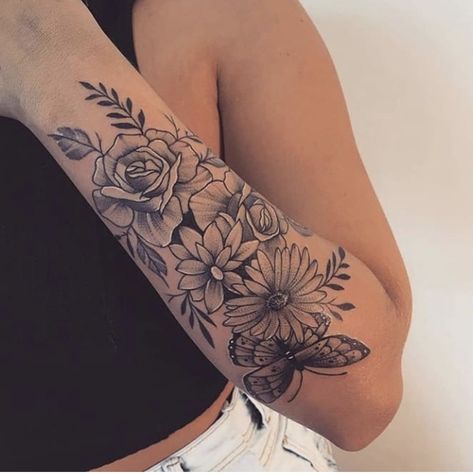 Floral Butterfly Arm Tattoo, Butterfly Floral Tattoo Half Sleeves, Floral Half Sleeve Tattoo Upper Arm Butterfly, Black And White Floral Arm Tattoo, Arm Tattoos For Women Upper, Back Tattoo Women Upper, Women’s Flower Arm Sleeve, Botanical Tattoo Sleeve, Quarter Sleeve Tattoos