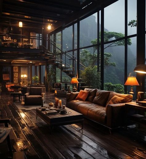 Gambar Lanskap, Dark Home, Industrial House, Dream House Interior, House Goals, Dream House Decor, A Living Room, House Inspo, House In The Woods