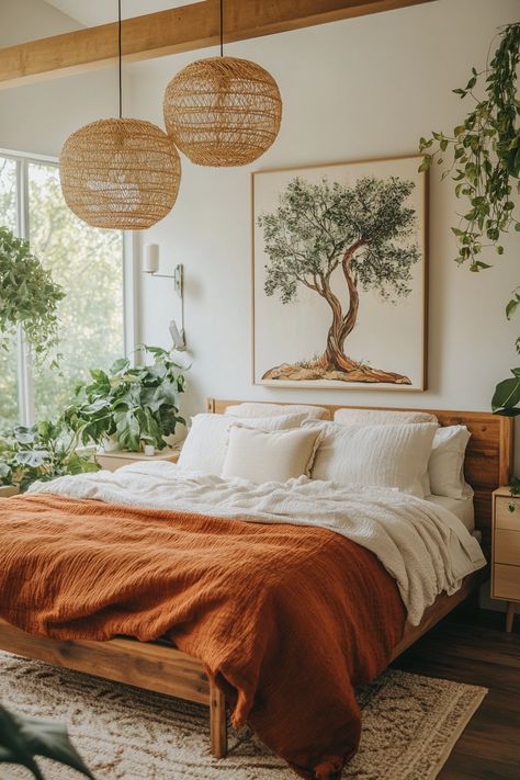 Transform your bedroom with beautiful wall art ideas! This serene tree painting enhances a natural and cozy vibe, perfect for any bedroom. Discover more wall art ideas to create your own tranquil space. #WallArtIdeas #BedroomDecor #HomeInspiration Cozy Terracotta Bedroom, Cosy Eclectic Bedroom, Minimalist Nature Bedroom, Clay Bedroom Walls, Colorado Bedroom Decor, No Window Bedroom, Bedroom Trends 2024, Windowless Bedroom Ideas, Bedroom Ideas White Walls