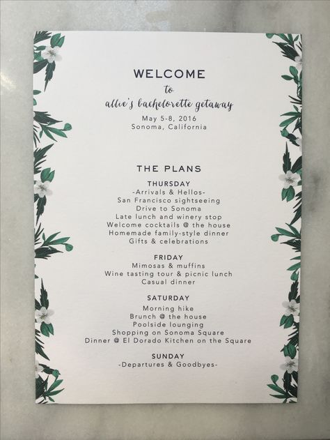 Bachelorette Itinerary. Copywriting and layout by Anastasia Valocchi Bachelorette Party Template, Hen Party Itinerary Template, Bach Itinerary Template, Hen Party Itinerary, Hen Do Itinerary, Hen Itinerary, Bachelorette Party Itinerary Template, Birthday Itinerary, Party Agenda