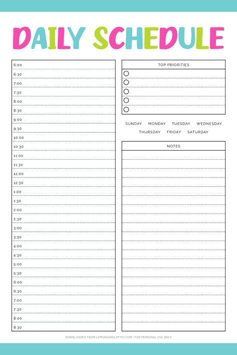 Print unlimited copies of this daily schedule. This template includes time slots 6 am through 8:30 pm. There's also a "top priorities" section and notes section. Use this planner for any day of the week! Family Time Schedule, Free Daily Schedule Printable, Blank Schedule Template, Printable Schedule Templates, Daily Agenda Template, Schedule Printable Free, Iguana Cage, Free Weekly Planner Templates, Planning For The Week