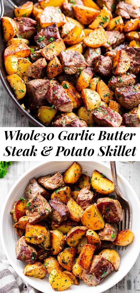 These garlic butter steak bites and potatoes are made all in one skillet and ready in 25 minutes! Packed with loads of garlic and buttery flavor (from ghee) plus fresh herbs, it’s an easy dinner you’ll want on repeat in your house. #paleo #whole30 #steak #cleaneating Hole 30 Recipes, While 30 Comfort Food, Kid Approved Whole 30 Meals, Steak Skillet With Roasted Potatoes, Easy Yummy Keto Dinners, Whole 30 Recipes Trader Joes, Whole 30 Steak Marinade, Macro Friendly Steak Recipes, Paleo Winter Meals