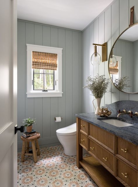 Beacon Ave — Holly Gagne Tan Shiplap Bathroom, Full Wall Paneling Bathroom, Guest Bathroom Tile Wall, Upward Sherwin Williams Bathroom, Wood Paneled Bathroom, Bead Board Bathroom Walls, Wainscoting Bathroom Ideas, Green Ceiling Bathroom, Horizontal Shiplap Bathroom