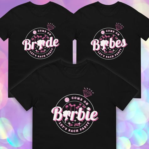 Barbiecore, barbie themed bachelorette party, come on barbie let's go party, come on barbie let's bach party, matching bridal shirts, 2023 bride, wedding party, bridal party Pink Malibu, Bride Tribe Bachelorette, 2023 Bride, Barbie Bachelorette, Themed Bachelorette, Bridal Squad, Bridal Shirts, Bachelorette Party Themes, Bridal Party Shirts