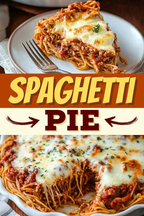 This easy spaghetti pie features a unique pasta "crust" with layers of creamy ricotta and tangy red sauce. It's a comforting dinner the whole family will love! Spaghetti Pie With Leftover Spaghetti, Pasta Pie Recipe, Quick Comfort Food Dinners, Spaghetti Pie Recipe Easy, Spaghetti Pie Recipe, Baked Spaghetti Pie, Easy Baked Spaghetti Recipe, Casserole Meals, Spaghetti Pie Recipes