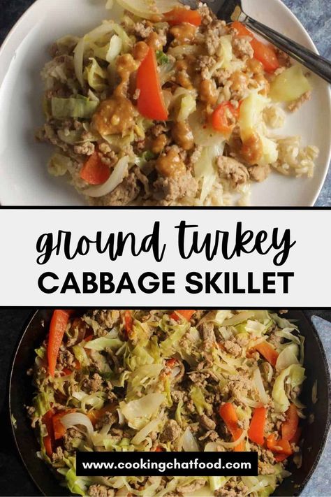 Easy Ground Turkey & Cabbage Skillet pictured in the skillet and served on a white plate.