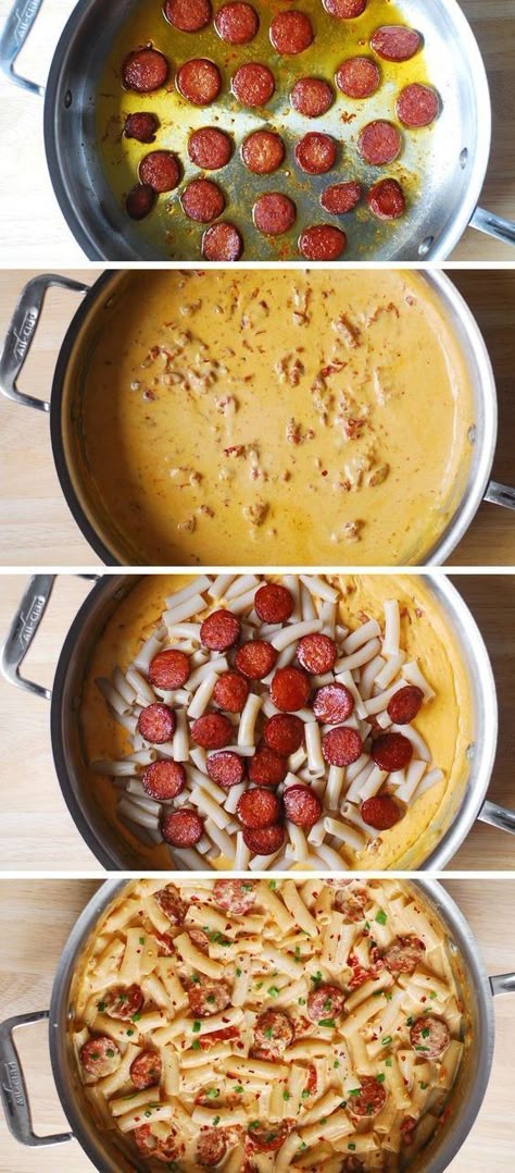 collage of 4 photos - Creamy Smoked Sausage Pasta Creamy Mozzarella Pasta, Pasta With Smoked Sausage, Smoked Sausage Pasta, Smoked Sausage Recipes, Mozzarella Pasta, Lunchbox Ideas, Think Food, Sausage Pasta, Penne Pasta