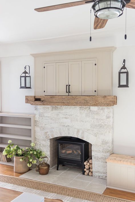 Weathered Barn Wood Fireplace Mantel DIY - Pine and Prospect Home Barn Wood Fireplace, Mantel Diy, Painted Built Ins, Cottage Paint Colors, Pine And Prospect Home, Pine And Prospect, Diy Mantel, English Cottage Decor, Mushroom Paint