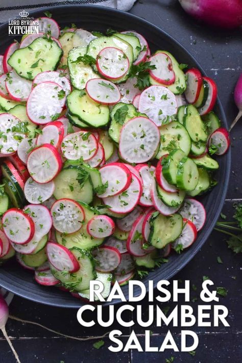 This light and refreshing salad is prepared with summer fresh cucumbers and radishes. Tossed in a quick and easy, seasoned homemade oil and vinegar dressing, this Radish and Cucumber Salad is loaded with crunch and texture. Can be prepared a day or two in advance as well! Cucumber And Radish Salad Simple, Red Radish Salad, Salad To Go With Fish, Radish Cucumber Salad, Radish Pickle Recipe, Watermelon Radish Recipe, Cucumber And Radish Salad, Watermelon Radish Salad, Cucumber Radish Salad