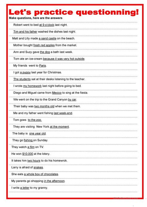 Let's practice questionning - English ESL Worksheets for distance learning and physical classrooms Speaking Activities English, English Units, English Grammar Exercises, Practice English, Esl Teaching Resources, English Teaching Materials, Grammar Exercises, English Exercises, English Grammar Worksheets