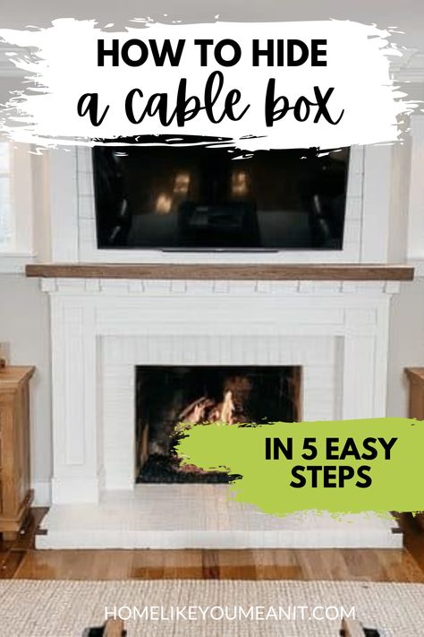 When we moved into our house, one of the first projects we tackled was updating the old fireplace. And with that update came the decision to mount the TV over the fireplace, which of course, leads to the age-old dilemma of figuring out what to do with the cable box. Here’s step-by-step instructions on how to hide a cable box, the easy way! Hiding Tv Cords On Wall Fireplaces, Tv Mounted Above Fireplace, Tv Mount Over Fireplace, Hide Tv Over Fireplace, Tv Over The Fireplace, Above Fireplace Ideas, Hide Tv Cords, Hide Tv Cables, Hide Cable Box