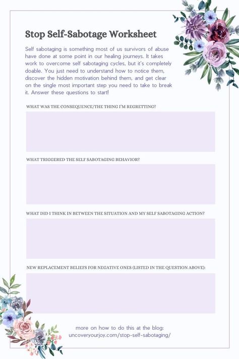 Self Sabotaging, Group Therapy Activities, Self Care Worksheets, Counseling Worksheets, Mental Health Activities, End The Stigma, Mental Health Therapy, Mental Health Counseling, Counseling Activities