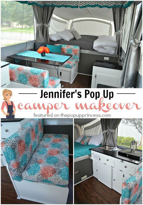 Jennifer's Pop Up Camper Makeover - Love this makeover.  So bright and cheery. Tent Trailer Remodel, Pop Up Campers, Pop Up Princess, Popup Camper Remodel, Kombi Motorhome, Pop Up Trailer, Camper Hacks, Camping Camper, Tent Trailer