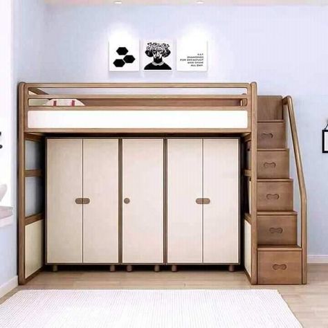 Bunker Bed Ideas Small Spaces, Loft Bed Cabinet Under, Bunk Bed With Wardrobe Underneath, Closet Under Bed, Loft Type Bedroom, Loft Bed Stairs, Bedroom Layouts For Small Rooms, Cama Closet, Bunker Bed