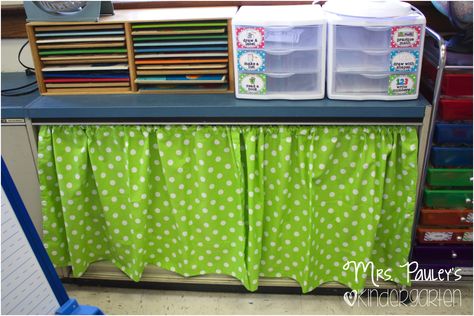 Mrs. Pauley's Kindergarten: Classroom Reveal......Finally! Classroom Shelf Covers, Classroom Window Curtains, Curtains To Cover Shelves In Classroom, Classroom Shelf Curtains, Classroom Curtains For Shelves, Photo Box Storage Ideas Classroom, Table Bins For Classroom, Tidy Tubs Classroom, Classroom Cubbies