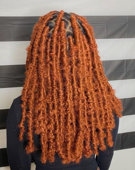 color 350 distressed faux locs (diva locs @cydneyonthebeat) #haircut #hairstyles #hair Orange Butterfly Locs Black Women, Orange Butterfly Locs, Long Faux Locs With Color, Ginger Faux Locs Black Women, Orange Faux Locs, Ginger Butterfly Locs, Red Faux Locs, Faux Locs Colored, Orange Hair Color Ideas