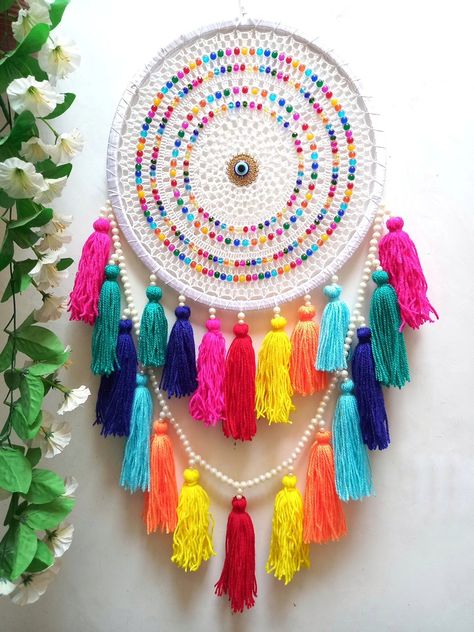 Rainbow Evil Eye Tassel Dreamcatcher Evil Eye Dreamcatcher, Dream Catcher Ideas, Rainbow Evil Eye, Rainbow Dream Catcher, Dreamcatcher Baby, Industrial Pipe Furniture, Handmade Dream Catcher, Dream Catcher Nursery, Dream Catcher Art