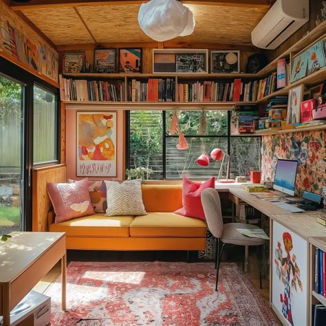 A cosy She Shed to sit, read and create 📚 #conceptart #interiordesign #aidesign #midjourneyinteriordesign #aiinteriordesign #interiordesignai #aiart #aiinspiration #aiinspiredart #homeofficedecor #homeofficegoals #homeofficedesk #mcmdesign #midcenturymodern #midjourneyart #sheshedesign #shesheddecor #studiodesign Cosy Art Studio, Tiny House Study Space, Shed Interior Desk, Small She Shed Interior Ideas, Summer House Art Studio, She Shed Library, Design Office Ideas, She Shed Office Ideas, Attic Office Books