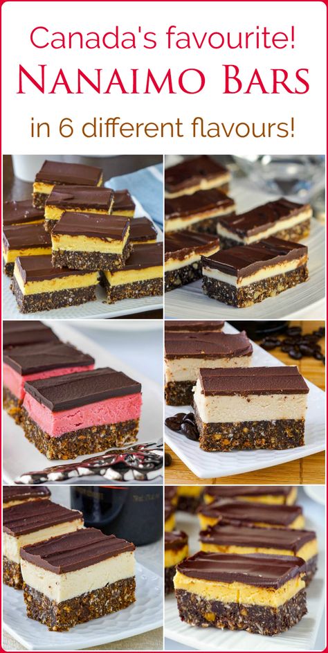 The Nanaimo Bar Recipe Collection – from a new and improved classic Nanaimo bar recipe, to great new versions like Irish Cream, chocolate orange  or raspberry, these 6 flavours will have you rediscovering this Canadian favourite! Nanaimo Bar, Nanaimo Bar Recipe, Canadian Dessert, Beaux Desserts, Nanaimo Bars, Rock Recipes, Canadian Food, Bar Recipe, Dessert Bar