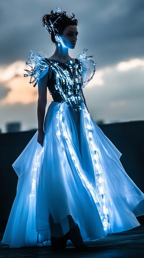 Explore the future queen's mystique in an Aquarius-inspired plasma dress, blending regal elegance with tech ruins in this visionary fashion masterpiece. Aquarius Costume, Starry Night Fashion, Aquatic Fashion, Winx Outfits, Zodiac Fashion, The Age Of Aquarius, Visionary Fashion, Regal Elegance, Space Fashion