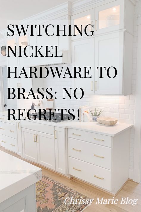 We have stainless appliances but swtiched out our nickel pulls to brass pulls. Come see the before and after and how much better it looks! White Cabinets With Copper Pulls, Kitchen With Gold Hardware And Stainless Appliances, Gold Hardware With Stainless Appliances, Brass Hardware With Stainless Appliances, Polished Chrome Kitchen Hardware, Polished Brass Kitchen Hardware, White Kitchen Blue Island, Nickel Hardware Kitchen, Kitchen Blue Island