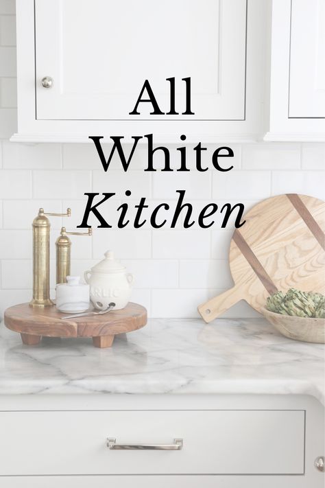 Some people think an all white kitchen is boring but I'm here to tell you it's anything but! Learn how to make simple updates that will keep your kitchen exciting and fresh. Modern Off White Kitchen, Accessories For A White Kitchen, Off White Kitchen Countertops, Accessories For White Kitchen, White Kitchen Styling Ideas, How To Decorate An All White Kitchen, Kitchen Counters With White Cabinets, White On White Kitchen Ideas, How To Add Warmth To A White Kitchen