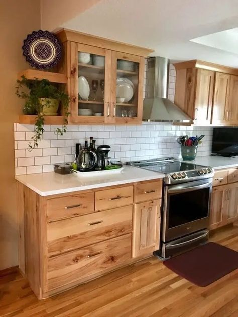 Countertops With Pine Cabinets, Oak Cabinet White Countertop, Rustic Hickory Kitchen, Knotty Pine Cabinets, Pine Kitchen Cabinets, Montana House, Miller House, House Flip, Pine Cabinets