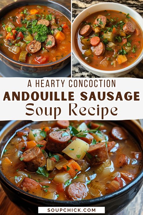 Andouille Sausage Soup with Spicy and Satisfying Taste Cajun Sausage Soup Recipes, Andouille Sausage Soup Recipes, Smoked Andouille Sausage Recipes, Chicken Andouille Sausage Recipe, Andouille Sausage Soup, Johnsonville Sausage Recipes, Slow Cooker Sausage Recipes, Sausage Slow Cooker, Andouille Sausage Recipes