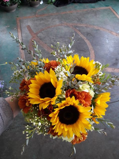 Autumn Sunflower Bouquet, Terracotta Sunflower Bouquet, Sunflower And Mum Bouquet, Fall Bouquet Sunflower, Fall Wedding Bouquets October Sunflowers, Sunflower And Eucalyptus Centerpiece, Fall Bouquet With Sunflowers, Rustic Sunflower Bouquet, Sunflower Fall Bouquet