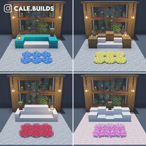 sofa ideas, wool, quartz, wood, with coral carpet! Sofa Ideas Minecraft, Minecraft Couch Ideas, Minecraft Sofa Ideas, Minecraft Sofa, Minecraft Couch, Minecraft Modern, Sofa Ideas, Minecraft Stuff, Minecraft Blueprints