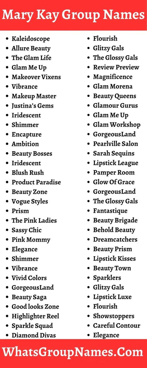 90+ Mary Kay Group Names To Get More Members Mary Kay Group Name Ideas, Mary Kay Guessing Games With Answers, Mary Kay Skin Care Order Of Application, Mary Kay 6 Most Important Things List, Mary Kay Bulk Order Going In, Group Names Ideas, Group Names, Group Name, Name Ideas