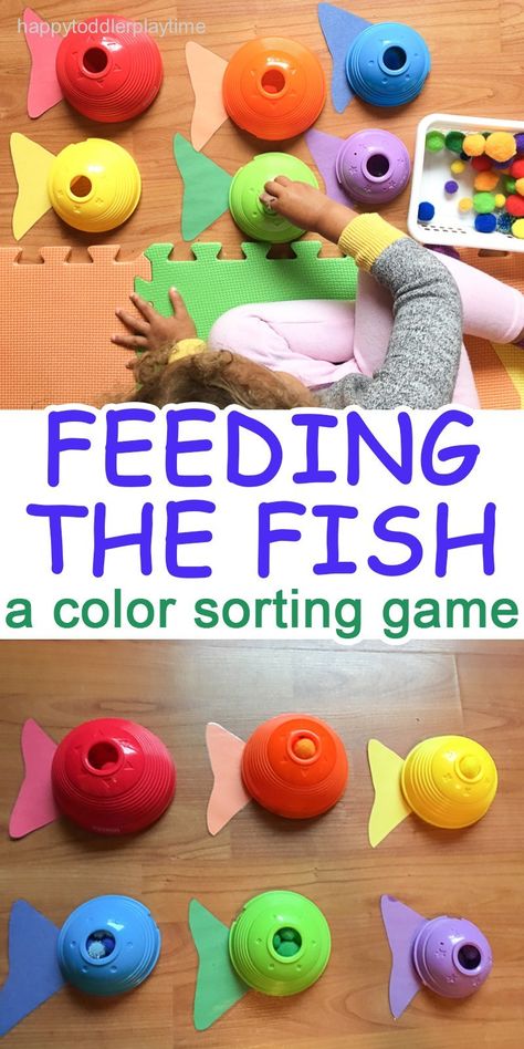 Feeding the Fish: A Pom Pom Sorting Activity – HAPPY TODDLER PLAYTIME Pom Pom Sorting, Color Sorting Activities, Cognitive Activities, Fish Activities, Easy Toddler Activities, Toddler Classroom, Daycare Activities, Pom Pom Crafts, Toddler Snacks