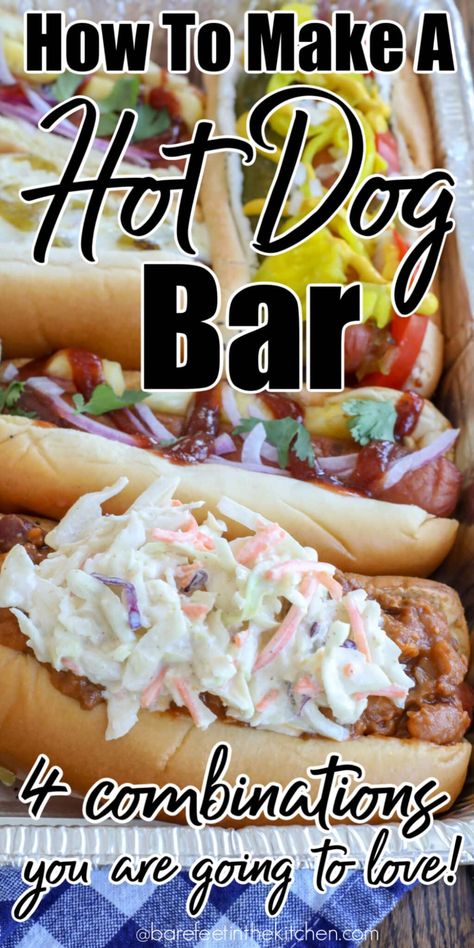 Got Dog Bar, Gourmet Hot Dog Bar Party Ideas, Tailgate Hot Dogs, Hot Dogs Bar Ideas, Hotdogs Toppings Ideas, Chicago Style Hot Dog Bar, Hot Dog Potluck, Hot Dog And Brat Bar, Hot Dog Toppings Recipes