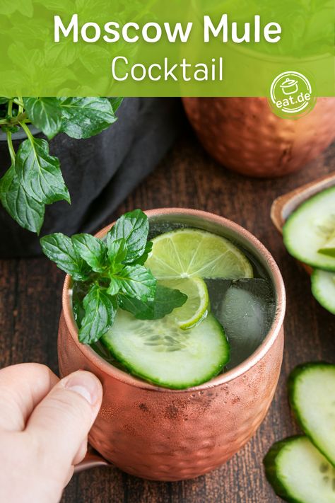 Hast du schon einmal einen Moscow Mule Cocktail getrunken? Dann wird es allerhöchste Zeit! Der Mix aus Wodka und Ginger Beer, garniert mit frischer Minze, Limette und Gurke wird auch dich zum Fan machen. Das Rezept findest du auf eat.de. Moscow Mule Cocktail, Mule Cocktail, Snacks Für Party, Moscow Mule, Ginger Beer, Mule, Moscow, Ginger, Beer