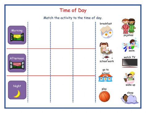 Times Of The Day Worksheet, Free Time Activities Worksheets, Daily Routine Worksheet, Telling Time Activities, Morning Moon, English Club, Free Time Activities, Sequencing Worksheets, Kindergarten Colors