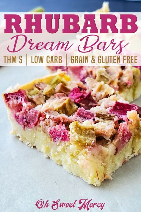 Healthy Rhubarb Recipes, Rhubarb Dream Bars, Thm Cake, Low Carb Grain, Rhubarb Desserts, Dream Bars, Low Carb Low Fat Recipes, Desserts Keto, Trim Healthy Mama Recipes