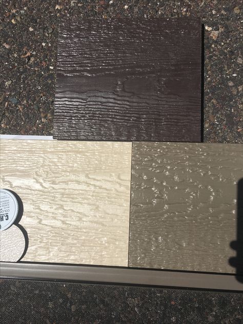 Diamond Kote LP SmartSide Lap Side: SEAL, SAND & Diamond Kote LP Shakes: CHOCOLATE | Home Exterior Lp Smart Side Exterior Colors, Lp Smart Siding Exterior Colors, Diamond Kote Siding, Cabin Siding, Lp Smart Siding, Dining Room Addition, Lp Smartside, Cabin Fireplace, Exterior Finishes